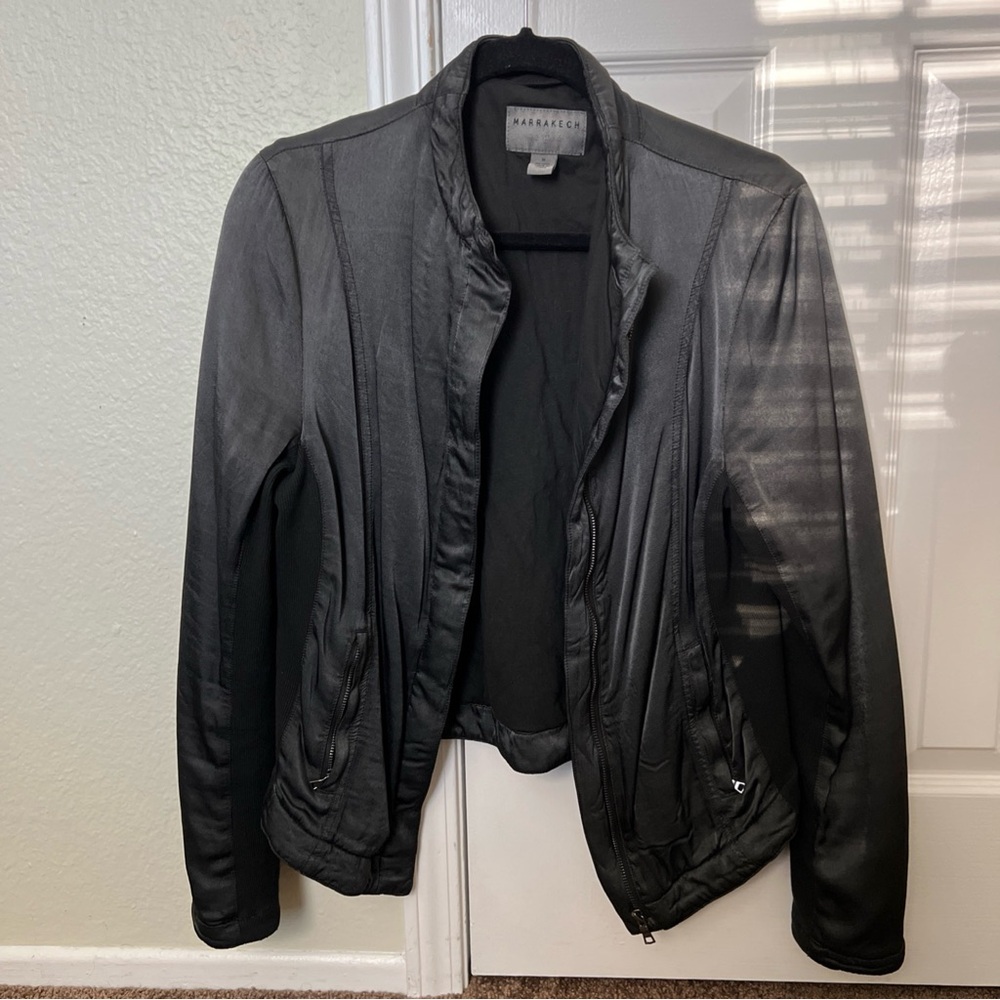 Marrakech Satin Quilted Jacket - Black, Size M, Zip Up Anthropologie, Boss Lady